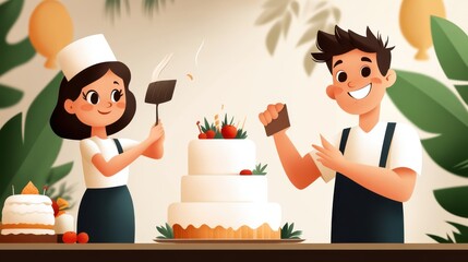Two joyful chefs create a beautifully decorated cake, exuding creativity and teamwork, in a setting filled with celebration and culinary artistry.