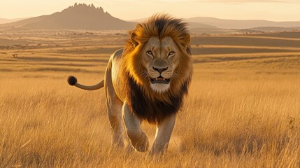 An adult lion with a golden mane walks along the savannah. The predator looks directly into the camera. Natural habitat of wild ferocious predator. Illustration for cover, postcard, interior design.