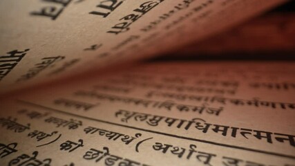 Old Vintage Handwritten Scriptures On Sanskrit. Exploring sacred vedic knowledge heritage. Revered texts in macro. Holy pages, old religious book.