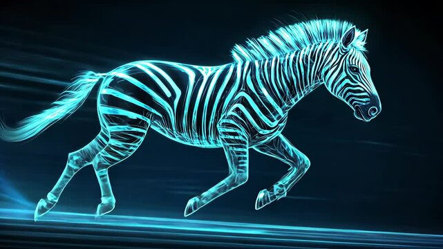 A digital rendering of a zebra running on a dark blue background