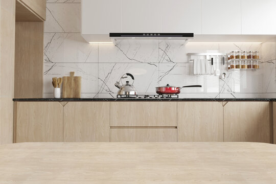 Stylish Modern Kitchen with Marble Backsplash and Wooden Cabinets