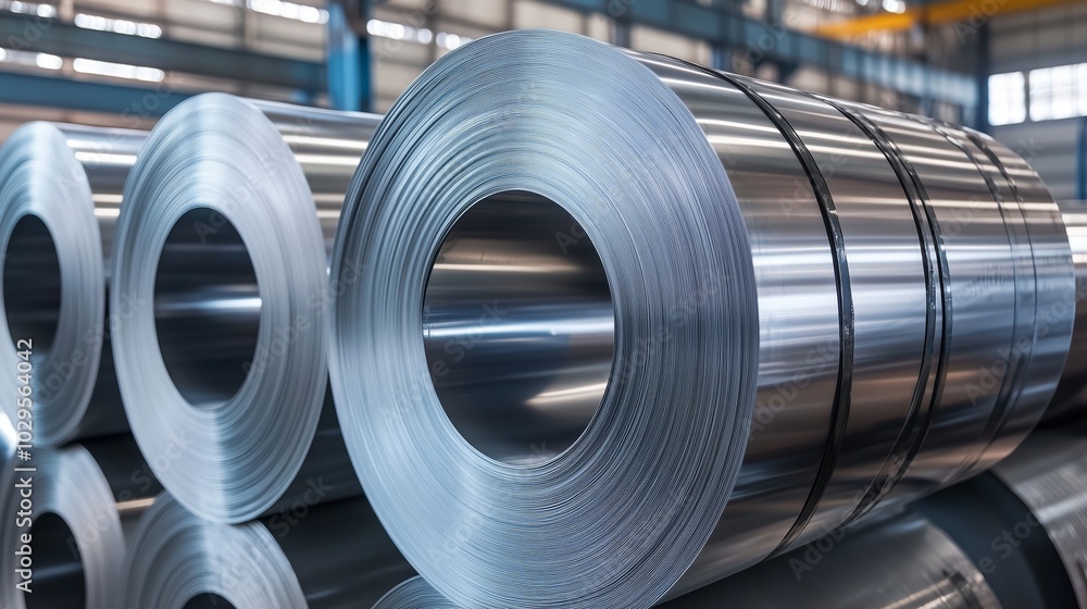 Sticker Metal rolls stacked in a warehouse during daytime, showcasing their shiny finish and industrial setting