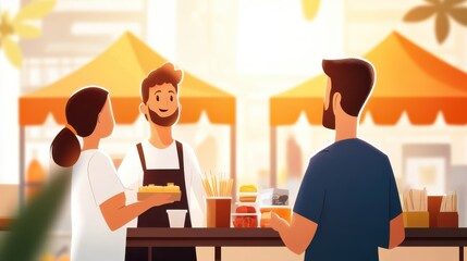 A friendly vendor at an outdoor food stall interacts with smiling customers, exchanging delicious food items, symbolizing community and connection in a warm setting.