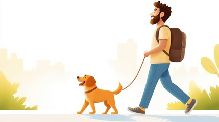 An upbeat man walks his happy dog through a sunlit cityscape, capturing a moment of leisure and peaceful companionship, under a clear, blue sky.