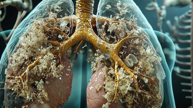 A close-up of a 3D model of human lungs, showing the bronchi and alveoli covered in white, lumpy deposits