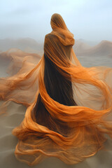 Ethereal figure in a desert, draped in sheer orange fabric, standing alone against the misty backdrop.