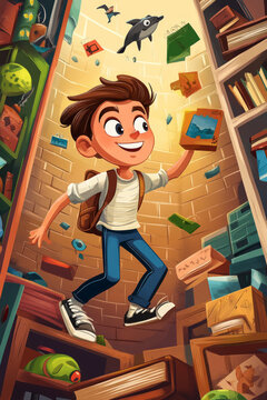 Cartoon illustration of a boy exploring a magical library with floating books