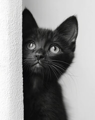 Close-up black-and-white photograph of a kitten gazing upwards with bright, curious eyes, soft fur details.