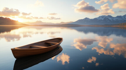 small wooden boat is floating on the calm lake
