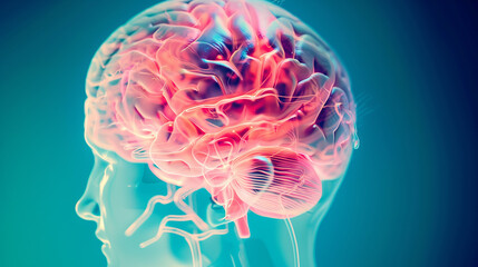 A transparent human head features a glowing brain at the center, radiating shades of pink and red, set against a vibrant turquoise background