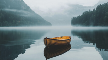 small wooden boat is floating on the calm lake