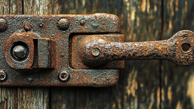 A rusty latch on a wooden door, showing the effects of time and weather