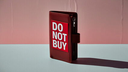 A red wallet with a bold "Do Not Buy" sign, symbolizing minimalism, anti-consumerism, and mindful spending habits in modern society