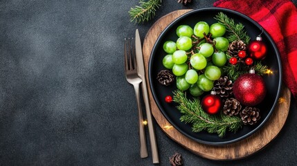Festive dining setting with grapes, pinecones, and christmas decor on black plate