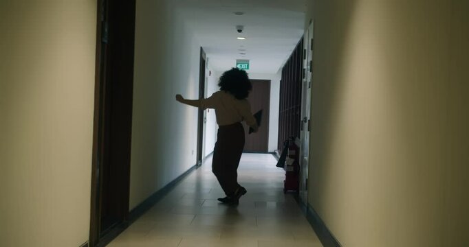 Funny Happy beautiful business Indian woman Businesswoman Dancing In alone at office. Beautiful happy Indian creative woman company worker dancing In office. 4 K