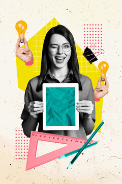 Composite trend artwork 3D image collage of young lady teacher wink hold tablet idea lamp bulb student education supplies triangle