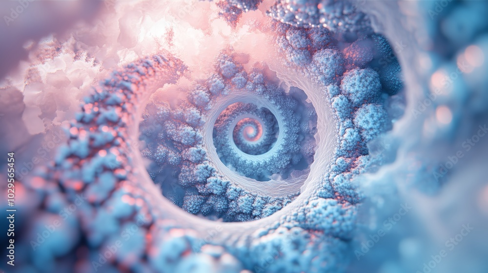 Poster an intricate spiral formation of colorful cellular structures found in a microscopic view, showcasin