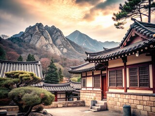 Fototapeta premium Serene Korean Landscape with Hanok and Majestic Mountains for Traditional Art Lovers