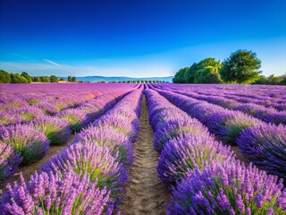 Obraz premium Serene Lavender Field Under Clear Sky - Stunning Nature Landscape for Travel and Relaxation