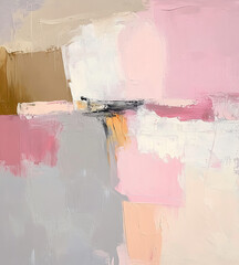 Abstract Painting in Soft Pink, Beige, and White with Bold Textured Brushstrokes