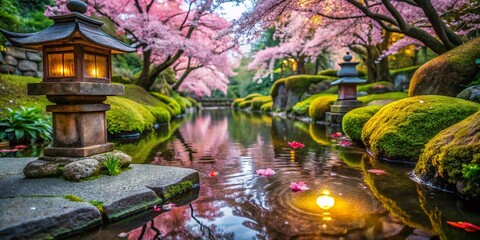 Naklejka premium Serene Macro Photography of a Picturesque Japanese Garden with Dew-Kissed Blossoms and Tranquil Elements