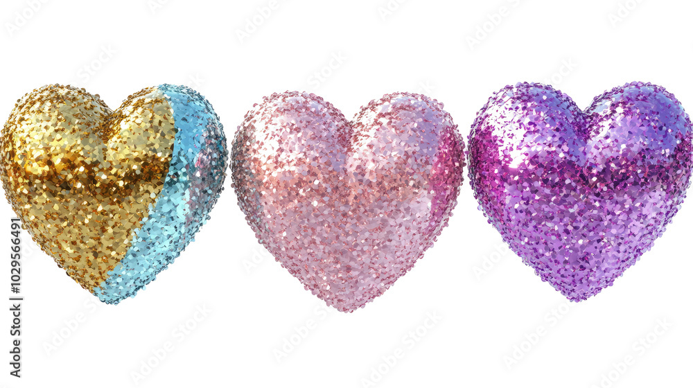 Poster shiny three-dimensional hearts collection on a white background generative ai
