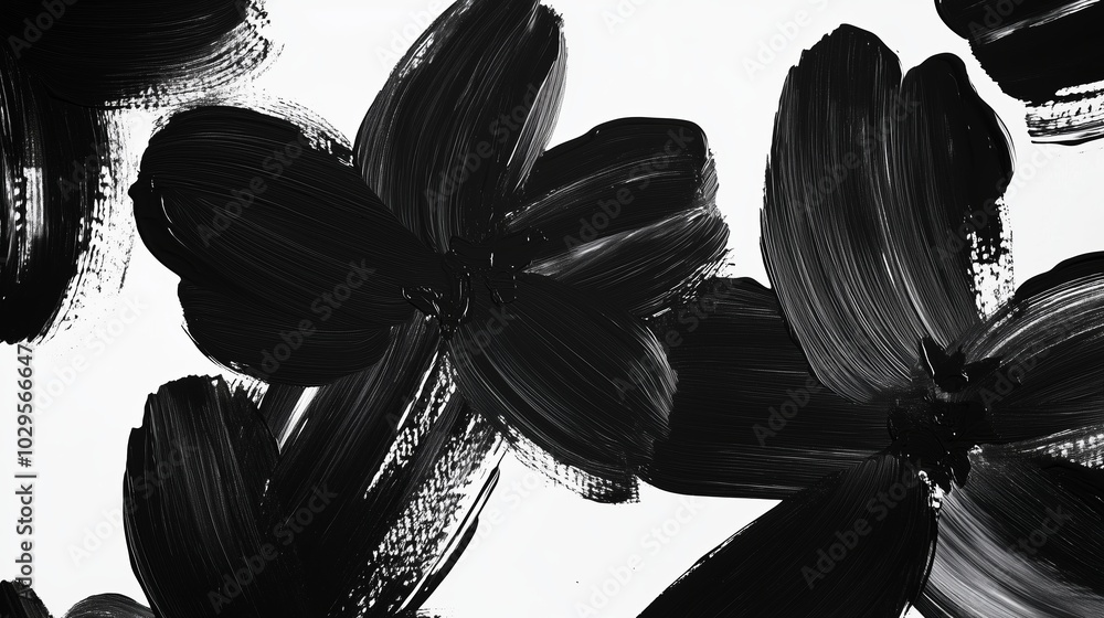 Poster abstract black flower patterns on a white background create a striking contrast in modern art style