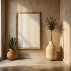 Fototapeta premium Bright empty room with a window, featuring a decorative plant in a pot on the floor and a light-filled atmosphere that enhances the interior design