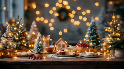Cozy Christmas Table: A rustic wooden table adorned with miniature Christmas trees, twinkling fairy lights, and festive treats creates a warm and inviting atmosphere for the holidays.  