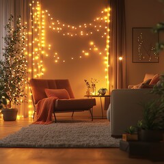 Cozy living room adorned with warm fairy lights, creating a serene and inviting atmosphere perfect for relaxation.