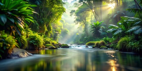 Serene Misty Jungle River at Dawn - Lush Greenery Reflection in Tilt-Shift Photography