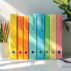 A vibrant arrangement of colorful office binders on a well-lit desk, perfect for organizing documents and enhancing workspace aesthetics.