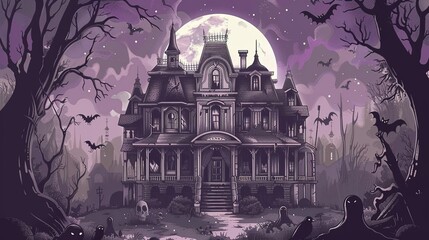 A haunted house in the moonlight, with ghosts and ghouls - a vintage...