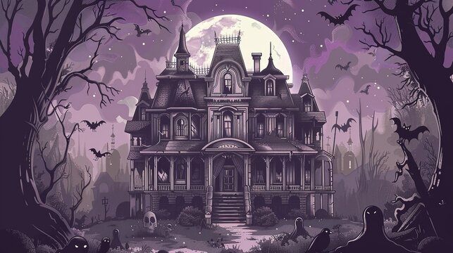 A haunted house in the moonlight, with ghosts and ghouls - a vintage...