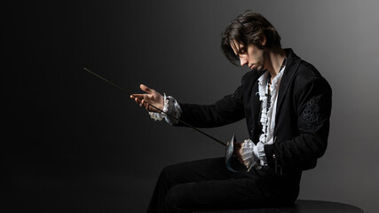 A dramatic hero with a sword in his hands experiences sadness and melancholy, the style of...