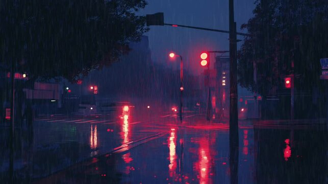 A nighttime cityscape under heavy rain showcases streets shimmering with reflections while red traffic lights illuminate the scene in a moody ambiance, it's raining, lofi style