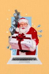 Vertical poster collage elder man carry present gift winter holiday laptop internet web delivery order drawing background