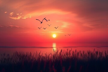 A flock of birds flying over the ocean at sunset