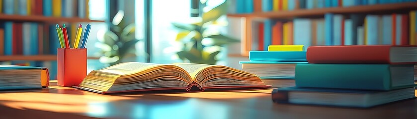 A cozy library setting with an open book and colorful stationery, inviting readers to dive into a world of knowledge and imagination.