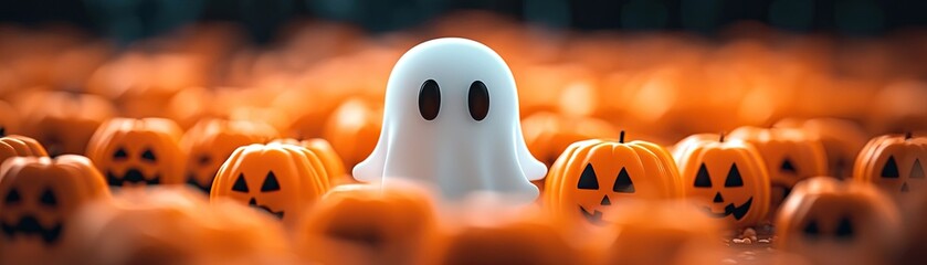 Halloween Background, A cute ghost surrounded by carved pumpkins, blending Halloween spookiness with a playful and fun atmosphere