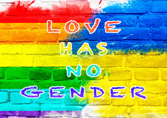 Colorful wall with the words love has no gender written on it