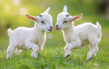 Obraz premium Two white goats playing in the grass. Two little babies, cute friends.