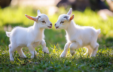 Two white goats playing in the grass. Two little babies, cute  friends.