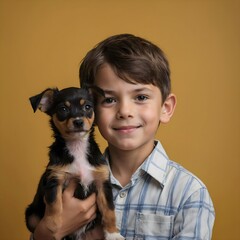Discussion of a boy with brown hair smiling and holding his pet dog, mustard yellow background