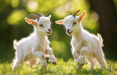 Fototapeta premium Two white goats playing in the grass. Two little babies, cute friends.