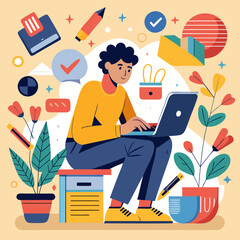 Young man working on a laptop surrounded by plants and colorful office elements