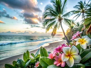 Obraz premium Serene Tropical Beach Sunrise with Palm Trees and Flowers in Paradise