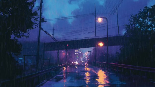 A quiet evening in an urban area shows rain pouring down, creating a mesmerizing interplay of light from streetlamps and reflections on the wet road, it's raining, lofi style