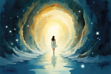 Woman walking towards light at end of tunnel hope concept