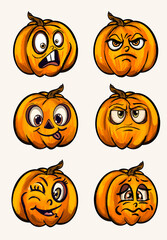 Playful Pumpkin Faces and Spooky Haunted House Halloween Illustrations